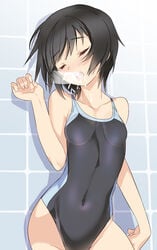 amagami bare_shoulders black_hair blade_(galaxist) blush closed_eyes collarbone competition_swimsuit fellatio invisible_penis magic_penis nanasaki_ai one-piece_swimsuit open_mouth oral penis short_hair solo swimsuit