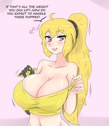 1girls big_breasts blonde_female blonde_hair cleavage fjtiko ponytail purple_eyes removing_clothing robotic_arm rwby yang_xiao_long zronku