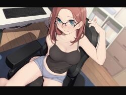 bare_arms bare_shoulders black-framed_eyewear black_camisole blue_eyes blush breasts brown_hair camisole carpet chair cleavage closed_mouth collarbone female glasses grey_shorts highres indoors keyboard_(computer) large_breasts long_hair looking_at_viewer looking_up nagioka nagioka_(sblack) original over-rim_eyewear red_hair sblack semi-rimless_eyewear short_shorts shorts sitting solo table tank_top wooden_floor