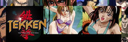 bikini blonde_hair blue_bikini breasts brown_hair cleavage headband kazama_jun namco nina_williams open_mouth purple_bikini smile tekken tekken_the_motion_picture