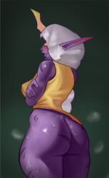 ass_focus big_ass boaranon celestial_(league_of_legends) clothes_aside league_of_legends looking_at_viewer partially_clothed purple_skin self_upload smiling solo_female soraka white_hair yellow_hair