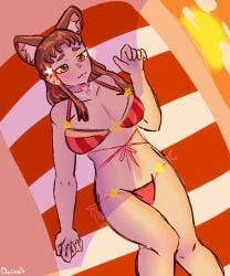 akari_live beach big_breasts bikini blush daimonart dog_ears furry indie_virtual_youtuber looking_at_viewer short_hair shy sunset virtual_youtuber