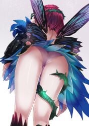 1girls akuru_(akr369akr) ass back back_view backless_outfit bare_back bare_legs big_ass brown_hair fairy fairy_wings female female_only fire_emblem fire_emblem_heroes from_behind from_below legs long_sleeves medium_breasts medium_hair nintendo panties pantyshot pantyshot_(standing) pink_panties simple_background solo thorns triandra_(fire_emblem) underwear upskirt violet_hair white_background wings