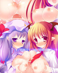 blush breasts censored close-up double_paizuri female goriyaku hat head_wings human koakuma large_breasts long_hair male male_pov multiple_females multiple_paizuri necktie nipples open_clothes paizuri patchouli_knowledge penis pointy_ears pov purple_eyes purple_hair red_eyes red_hair straight teamwork threesome touhou unseen_male_face very_long_hair wet