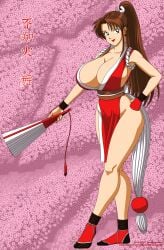 bare_shoulders breasts brown_eyes brown_hair cleavage fan fatal_fury female folded_fan folding_fan full_body hand_fan hand_on_own_hip high_ponytail huge_breasts japanese_clothes japanese_text king_of_fighters kunoichi legs long_hair long_legs mai_shiranui mature_female milf ninja no_bra no_panties no_underwear pelvic_curtain pink_background ponytail revealing_clothes rope shadowpencil sleeveless smile snk solo standing thighs