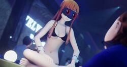 3d bikini black_bikini crossed_legs happy looking_at_viewer mask orange_hair partially_nude persona persona_5 rbf7 sakura_futaba sitting_on_table