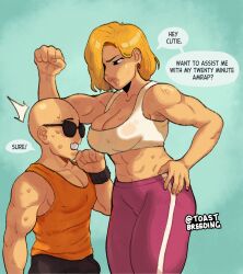 1boy 1girls android_18 bald blonde_hair blush canon_couple couple dialogue dragon_ball dragon_ball_z english_text female hi_res krillin kuririn male muscular muscular_female speech_bubble sportswear sunglasses toastbreeding