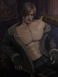 3d 3d_(artwork) 3d_model abs blonde_hair blue_eyes capcom es_nio_arts_(artist) handsome hunk jacket_open lean_body lean_muscles leon_scott_kennedy looking_at_viewer male male_focus male_only male_pov masculine pecs resident_evil resident_evil_4 resident_evil_4_remake solo solo_focus solo_male stern_expression stud