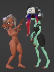 2girls 3d 3d_(artwork) acht_(splatoon) agent_8_(side_order) agent_8_(splatoon) backing_up barefoot completely_nude completely_nude_female dedf1sh female full_body mandalafurikake naked naked_female nude nude_female octoling octoling_girl splatoon splatoon_3 splatoon_3:_side_order