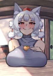 animal_ear_fluff animal_ears bare_shoulders blush breast_rest breasts breasts_on_table coffeelove68 commentary_request cute_fang female fisheye food food_on_body food_on_breasts fruit half-closed_eyes hand_on_own_chest hat heart heart-shaped_pupils highres indoors inubashiri_momiji large_breasts looking_at_viewer mandarin_orange momiji_inubashiri one_eye_closed oppai_mochi parted_lips pom_pom_(clothes) red_eyes red_headwear seductive_smile short_hair skin_fang sleeveless sleeveless_sweater smile solo sweater symbol-shaped_pupils table tokin_hat tongue tongue_out touhou turtleneck upper_body wall wavy_mouth white_hair wolf_ears wooden_table