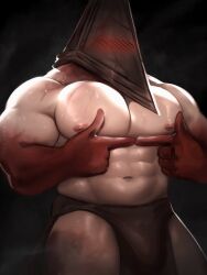 1boy barely_clothed big_pecs blush bulge humanoid kaysuo male male_only masked muscular muscular_male pecs pyramid_head shy silent_hill silent_hill_(film) silent_hill_homecoming solo solo_focus sweat