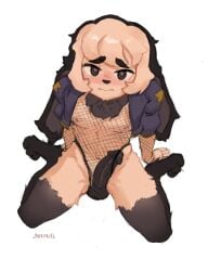 <3_eyes 1boy 2021 anthro armwear artist_name balls black_penis blush blush_lines chino_(seraziel) circumcised clothing colored cropped_jacket digital_drawing_(artwork) digital_media_(artwork) erection fishnet fishnet_armwear fishnet_clothing fishnet_leotard fishnet_topwear floppy_ears fur genitals girly heart hi_res kneeling lagomorph leporid looking_at_viewer looking_up lop_ears male male_only mammal multicolored_body multicolored_fur navel neck_tuft nipples paws penis rabbit seraziel simple_background solo topwear tuft white_background