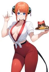 aged_up ai_generated alternate_costume blue_eyes bun_cover cleavage double_bun female female_only fully_clothed gintama glasses hair_ornament happi japanese_clothes kagura_(gintama) leggings looking_at_viewer medium_breasts no_bra orange_hair smile solo tied_shirt tray waitress