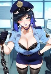 1girls ai_generated black_lingerie black_stockings blush bra_peek breasts busty chain_leash chains choker cleavage clothing deep_cleavage femdom full_cleavage genshin_impact huge_breasts large_breasts leash leash_pull lingerie lipstick looking_at_viewer mature_female milf miniskirt police police_hat police_officer police_uniform policewoman pov purple_lipstick skirt stockings thick_thighs truckkunart yelan_(genshin_impact)