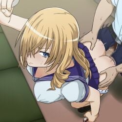 1boy 1girls ass ass_grab bent_over big_ass big_breasts blonde_hair blue_eyes breasts busty censored chikan cleavage clothes_lift covered_erect_nipples doggy_style drill_hair female hair_over_one_eye highres kamijou_touma large_breasts legs long_hair male oriana_thompson panties panty_pull penis sex sex_from_behind skirt skirt_lift sweatdrop thighs to_aru_majutsu_no_index touma_kamijou train underwear unzipped_pants vaginal_penetration voluptuous