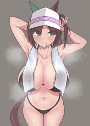 :3 armpits arms_up bikini freckles freckles_on_face huge_breasts ines_fujin_(umamusume) looking_to_the_side object_in_mouth steaming_body sweaty_body sweaty_breasts sweaty_thighs swimsuit thick_thighs tying_hair umamusume very_sweaty wide_hips