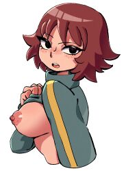 1girls black_eyes blush breasts breasts_out brown_hair female freckles jacket jacket_lift kim_pine majodawn partially_clothed presenting presenting_breasts scott_pilgrim self_upload short_hair solo solo_female