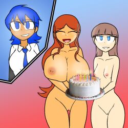 3girls blue_(blue_ink22) blue_hair blue_ink22 blue_tie breasts cake clara_garcia clothed_female_nude_female eyes_closed huge_breasts joana_jimenez light_brown_hair long_hair medium_breasts mole mole_under_eye multiple_girls nairod103098 navel nipples nude_female pussy red_hair shirt short_hair small_breasts tagme tie white_shirt