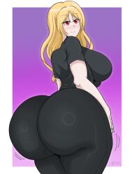 artist_signature ass_focus blonde_hair blush commission dat_ass huge_ass jiggling_ass junior_art_ large_breasts light-skinned_female long_hair looking_at_viewer original original_character purple_background red_eyes shiny_clothes showing_ass showing_off smile smiling smiling_at_viewer thick_ass thick_thighs voluptuous voluptuous_female