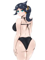 1girls big_breasts bikini black_bikini black_hair black_panties blue_eyes earrings kosman looking_at_viewer looking_back lucca_(pokemon) milf pokemon pokemon_(anime) pokemon_horizons ponytail shiny_skin smirk solo solo_female solo_focus