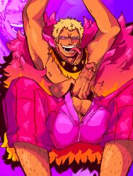 1boy artist_request balls ballsack blonde_hair bright_colors donquixote_doflamingo erection foreskin foreskin_folds human intact male male_only one_piece penis penis_out penis_piercing piercing prince_albert_piercing retracted_foreskin scrotum smooth_penis sunglasses testicles tongue tongue_out uncut