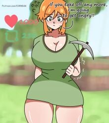 1girls alex_(minecraft) big_breasts blurry_background blush bottomless breasts cleavage clothed_female corngak english_text ginger green_eyes green_shirt holding_tool light-skinned_female minecraft mojang orange_hair patreon_url pickaxe ponytail strip_game sweat talking_to_viewer text thick_thighs thighs watermark