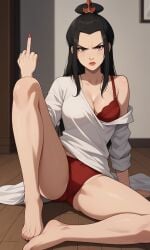 1girls ai_generated ass avatar_legends avatar_the_last_airbender azula barefoot bigmic145 bra breasts cleavage clothed clothed_female feet long_hair loose_clothes nail_polish nickelodeon off_shoulder oversized_clothes panties princess red_nails rolled_up_sleeves solo solo_female