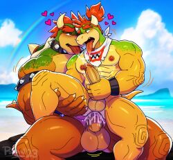 aged_up anal anal_sex anthro bandana bara beach beach_background bowser bowser_jr. cum dilf father father_and_son feet_out_of_frame furry gay hand_on_penis hand_on_thigh incest kissing kissing_while_penetrated looking_at_another looking_at_partner male male/male male_only masturbating_while_penetrated movement_lines poppin precum red_hair scalie shell spiked_armband spiked_collar tail turtle turtle_humanoid