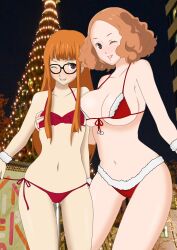 2girls atlus big_breasts bikini bikini_bottom bikini_top breasts breasts_size_difference brown_hair christmas christmas_clothing female female_focus female_only glasses haru_okumura looking_at_viewer megami_tensei one_eye_closed persona persona_5 rin_kanbara sakura_futaba skinny small_breasts teenager thin_waist underwear underwear_only