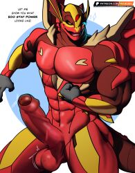 anthro bakugan barazoku drago dragon english_text erection flexing franubis genitals hi_res humanoid_genitalia humanoid_penis male muscular muscular_male penis red_body scalie text