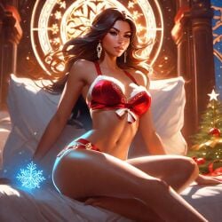 ai_generated brown_hair christmas christmas_outfit fit fit_female lingerie present_ass snowflake tan_body