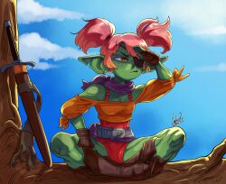 female fully_clothed goblin goblin_female looking lukex8a one_eyed pink_hair sword