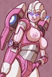 1girls 2d_(artwork) arcee arcee_(g1) areola areolae artist_name autobot big_breasts breasts breasts_out color drawn female female_autobots female_only full_color mechavee nipples robot robot_girl smiling smiling_at_viewer solo transformers transformers_g1