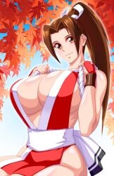 akuron_(acllon) bare_shoulders breasts brown_hair cleavage fatal_fury female huge_breasts king_of_fighters long_hair mai_shiranui milf ninja no_bra no_panties no_underwear pelvic_curtain ponytail sideboob sitting sleeveless tree wide_hips