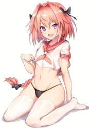 1boy astolfo_(fate) black_panties braid bulge crossdressing fate/grand_order fate_(series) femboy hair_ribbon hi_res highres looking_at_viewer luse_maonang male pink_hair purple_eyes red_potato_rinrin sitting small_penis smile smiling thighhighs trap white_background