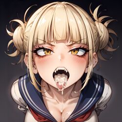 1girls after_fellatio after_oral ai_generated angry angry_face arbitrary blonde_hair cleavage cum cum_dripping_from_mouth cum_in_mouth cum_on_breasts fangs hi_res himiko_toga large_breasts my_hero_academia open_mouth stable_diffusion tongue_out twin_buns yellow_eyes