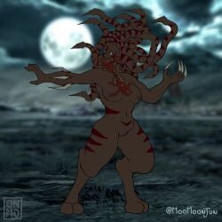 2023 3d_background absurd_res alexandria_(mash) bisected_jaw breasts claws digital_media_(artwork) digitigrade female gaping_mouth hi_res inverted_nipples moomoonjun moon navel nightmare_fuel nipples open_mouth pseudo_hair solo spikes stripes tentacle tentacle_hair watermark zanburg