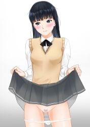 amagami ass_visible_through_thighs ayatsuji_tsukasa black_eyes black_hair blush bottomless closed_mouth clothes_lift cowboy_shot female gradient_background grey_background grey_skirt highres kero320 kibito_high_school_uniform long_hair long_sleeves looking_at_viewer pleated_skirt pubic_hair pussy_juice school_uniform shirt skirt skirt_lift solo straight_hair sweater_vest white_shirt yellow_sweater_vest