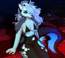 anthro bra breasts canid canid_demon canine canis clothing demon ear_piercing ear_ring eyebrow_piercing facial_piercing goth grey_body grey_fur grey_hair hair hellhound helluva_boss iam3d loona_(helluva_boss) mammal multicolored_body multicolored_fur piercing red_sclera ring_piercing torn_clothing underwear white_body white_eyes white_fur