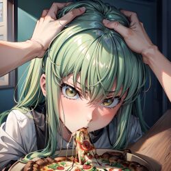 1girls ai_generated angry angry_face arbitrary c.c. code_geass deepthroat female_focus food_fetish forced_oral green_hair hands_on_head head_grab hi_res oral pizza pizza_in_mouth pov pov_eye_contact stable_diffusion yellow_eyes