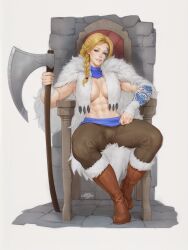 1girls abs alexcherubic axe barbarian blonde_hair blue_eyes boots cape chair clothing female female_only fur_cape light-skinned_female light_skin muscles muscular_female muscular_male original sitting smile tattoo warpaint warrior weapon