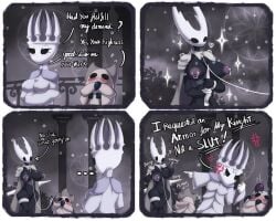 4_panel_comic absurd_res ambiguous_gender anthro arthropod azura_inalis big_breasts black_body bouncing_breasts breasts cloak clothing comic cross-popping_vein detailed_background english_text female genitals group hi_res holding_object holding_weapon hollow_knight hollow_knight_(character) insects leash legband nipple_piercing nipples onomatopoeia pale_king_(hollow_knight) piercing pure_vessel pussy robe rule_63 shoulder_pads sound_effects team_cherry text thick_thighs thighband vessel_(species) weapon white_body white_clothing white_robe wide_hips