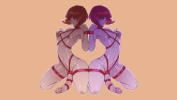 2boys bondage bound colored_skin femboy feminine_male girly kneeling large_penis male male_only multiple_boys nipples original otoko_no_ko penis purple_skin red_hair tailbox trap yellow_background