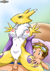 breasts brown_eyes brown_hair clothed cum cum_in_pussy cum_inside digihentai digimon digimon_tamers digiphilia female_on_top furry nipples penetration penis pussy pussy_juice renamon reverse_cowgirl_position takato_matsuki vaginal_penetration