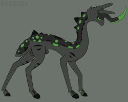 1_horn absurd_res animal_genitalia artist_name balls black_markings black_sclera black_scutes cloven_hooves darkened_balls darkened_genitalia darkened_sheath dewclaw_hooves emionix feral flat_colors fully_sheathed fur genitals green_eyes green_markings grey_background grey_balls grey_body grey_fur grey_sheath hi_res hoofbeast hooves horn lidded_eyes long_ears long_neck male markings mouthless nonbinary_(lore) noseless omnigon omnitope pawn_(emx) pupils quadruped scutes sheath short_tail side_view simple_background slim slim_feral slim_male slit_pupils snout solo solo_male spikes spikes_(anatomy) standing striped_markings stripes tail tapering_snout text thick_tail thin_legs toony unguligrade