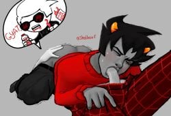 2boys 69 69_position artist_name big_ass big_butt black_hair blowjob bubble_ass bubble_butt chat_bubble dave_strider gay gay_blowjob grey_body grey_skin homestuck homestuck^2 horns karkat_vantas male male/male male_only one_eye_closed shalbonit sweat sweatdrop sweating tentabulge tremble_lines trembling trembling_legs troll watermark yaoi