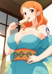 ai_generated breasts brown_eyes cleavage female female_only huge_boobs huge_breasts ice_cream ice_cream_drip ice_cream_on_breasts jorgecarlosai lolipop long_hair nami nami_(one_piece) one_piece orange_hair post-timeskip tattoo