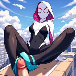 1boy 1girls ai_generated female footjob gwen_stacy male marvel mask masked_female muscular_female nsfwworks.ia penis pov shoejob spider-gwen spider-man_(series) superheroine