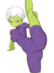 alien blush cheelai dragon_ball_super dragon_ball_super_broly embarrassed embarrassed_nude_female female_focus green_skin leg_grab leg_lift only_female pink_eyes small_breasts tight_clothing white_hair xeno_doujin