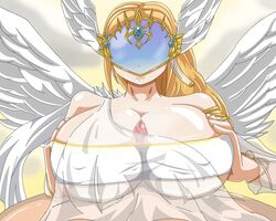 big_breasts blonde_hair breasts elysium female gaoka helm huge_breasts large_breasts long_hair male mask paizuri penis ponytail see-through soul_calibur soul_calibur_v straight tied_hair uncensored underboob wings